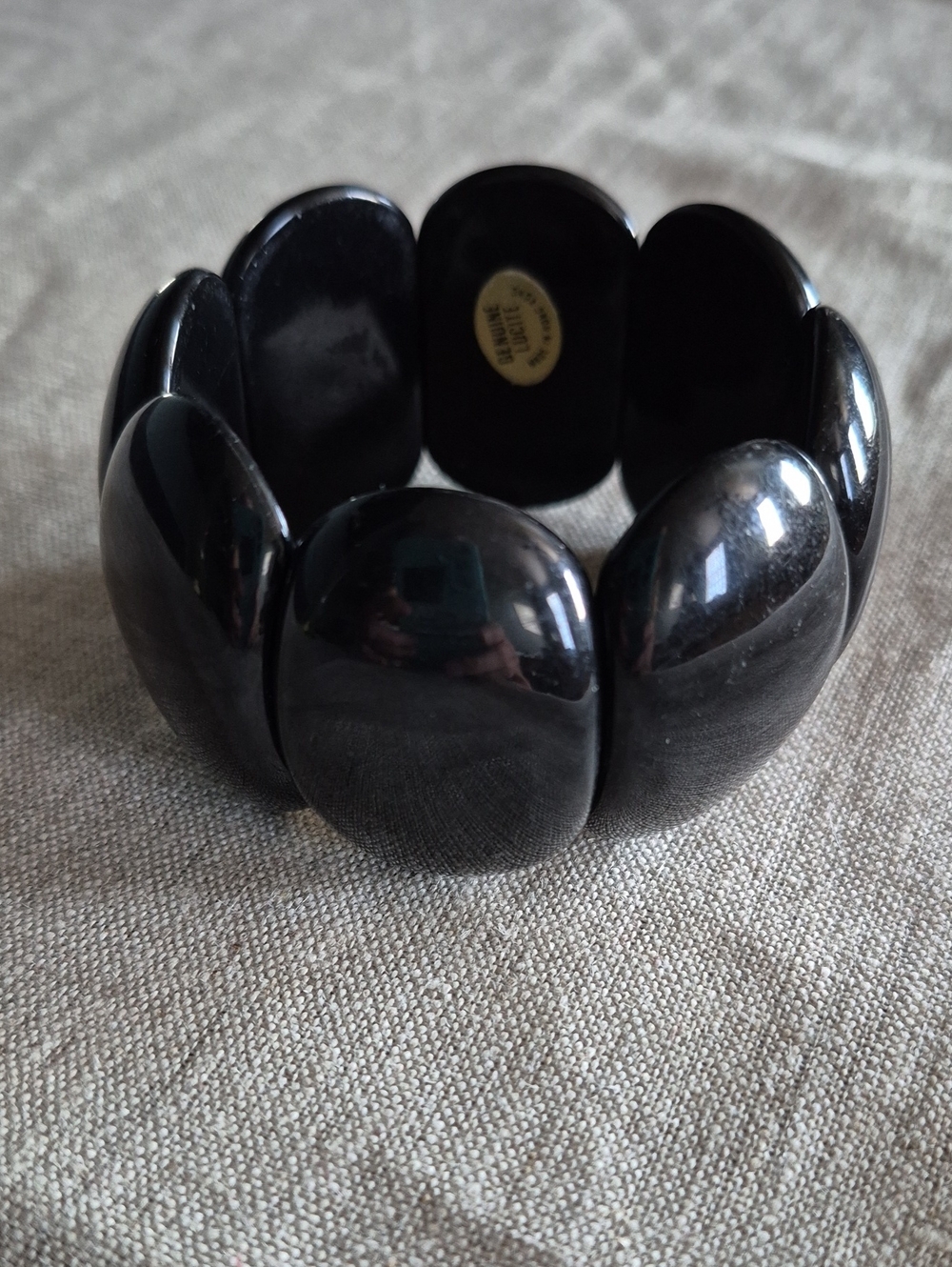 Vintage Chunky Black Stretch Bracelet - Glossy Oval Lucite Beads